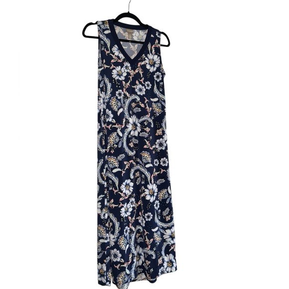Floral Sleeveless Maxi Dress - Navy and White - Picture 1 of 7